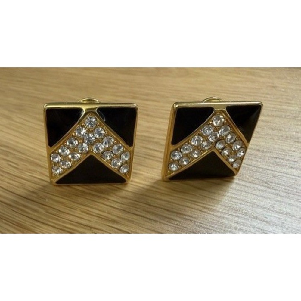 Monet Clip On Earrings Women Gold Tone Black Rhinestone Enamel Square Chevron